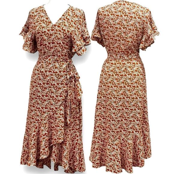 Max Studio Women's Ruffle Crepe High/Low Wrap Midi Dress in the Size X-Large - Picture 6 of 13